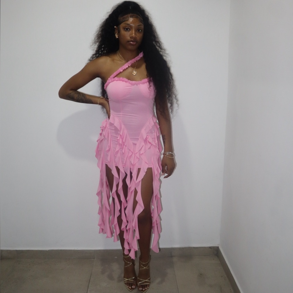 SHEIN Pink One-Shoulder Fringe Dress